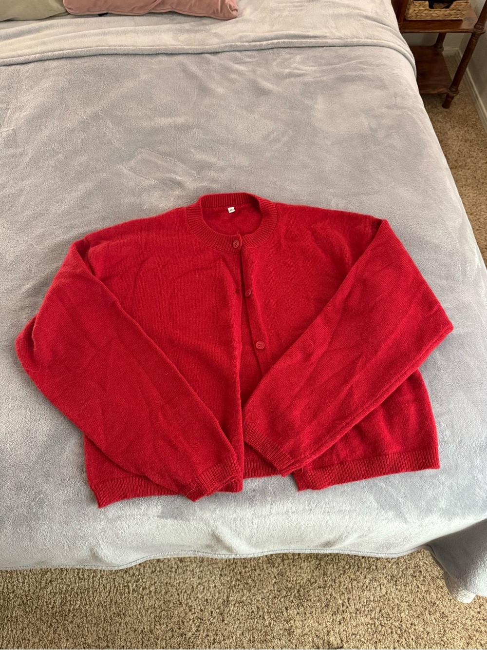 Red Crewneck Button Cardigan Sweater
